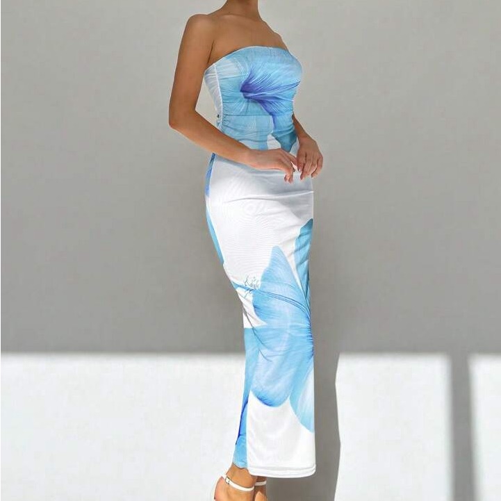 Strapless White & Baby Blue Floral Tube Strapless Dress